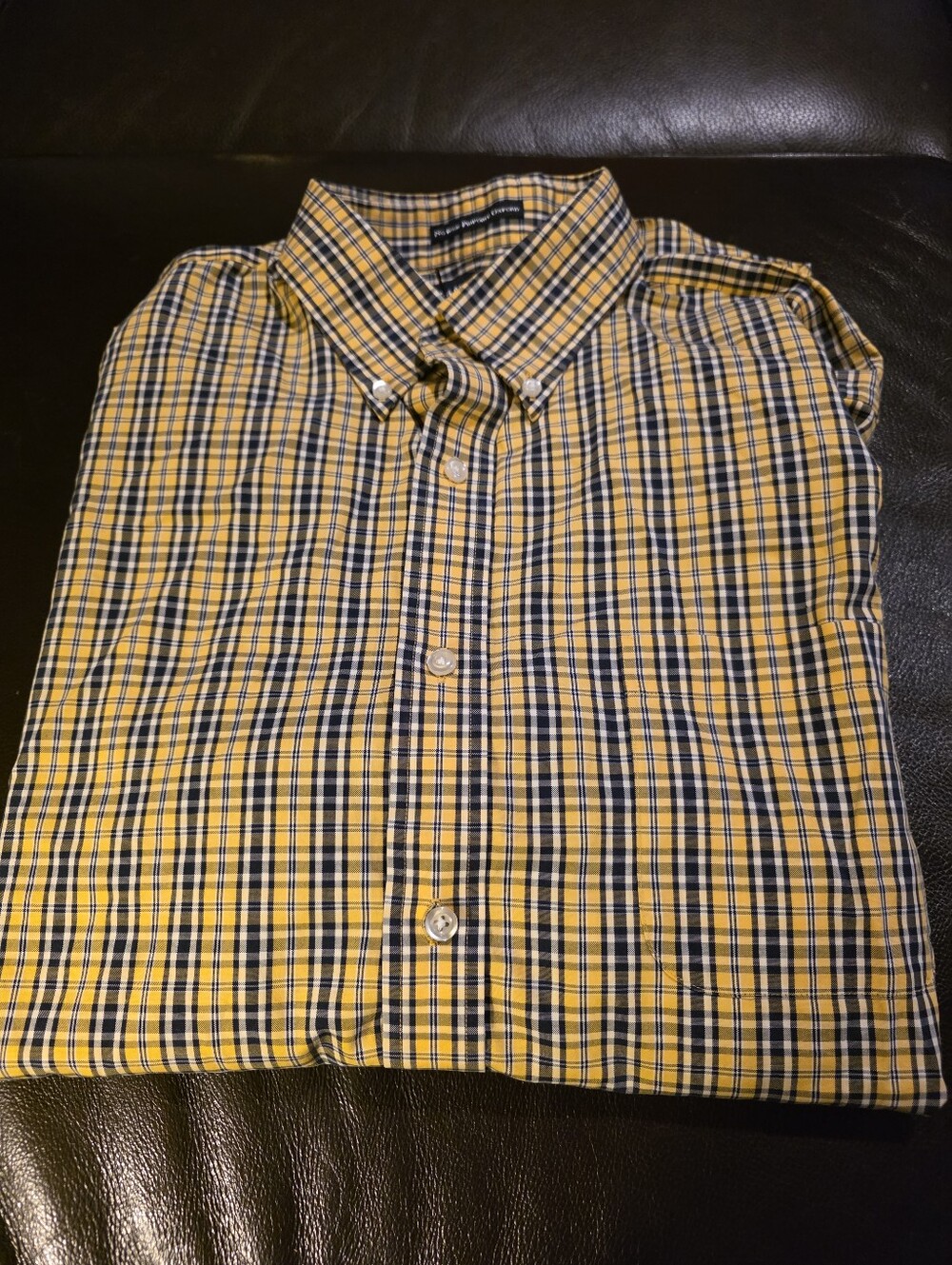 Lands' End Yellow and Navy Plaid Button-Down Shirt Long Sleeve 16.5" Neck